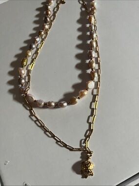 Gold Chain and Pink Pearl Layered Necklace can take charm off pearls beautiful s